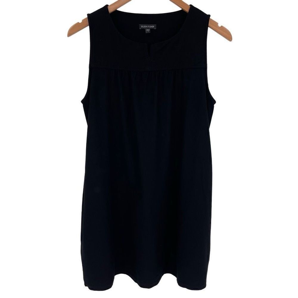 Eileen Fisher Stretch Crepe Tunic Tank‎ Top Notch V-Neck Women Medium Black